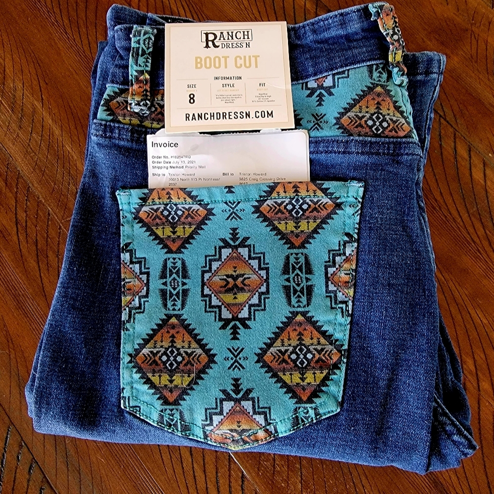 NEW RANCH DRESSIN' JEANS SIZE 8, Turquoise Sedona Denim Bootcut